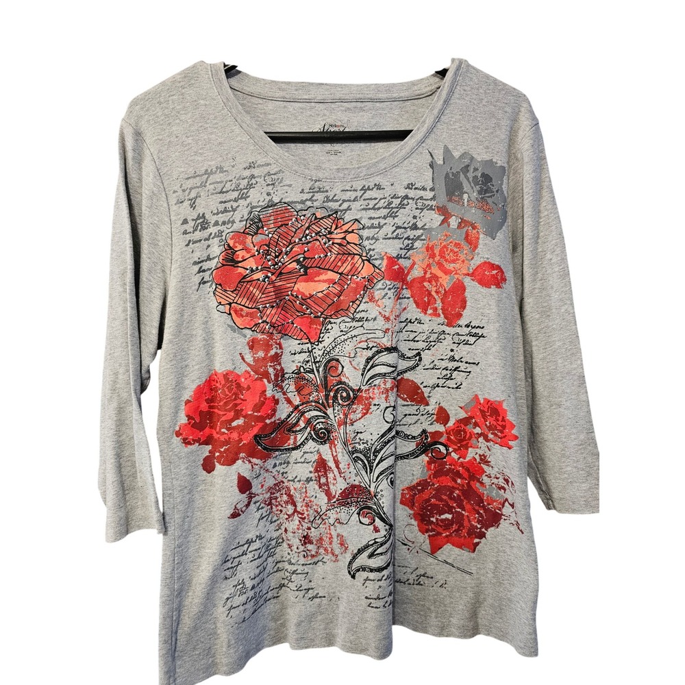 Style & Co Sport Womens XL Gray Red Rose Floral Graphic 3/4 Sleeve Cotton Top